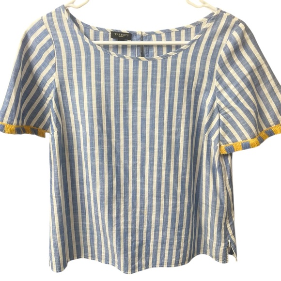 Talbots Petites Blue White Stripe Cotton Top with Yellow Trim – Size SP - Picture 3 of 8